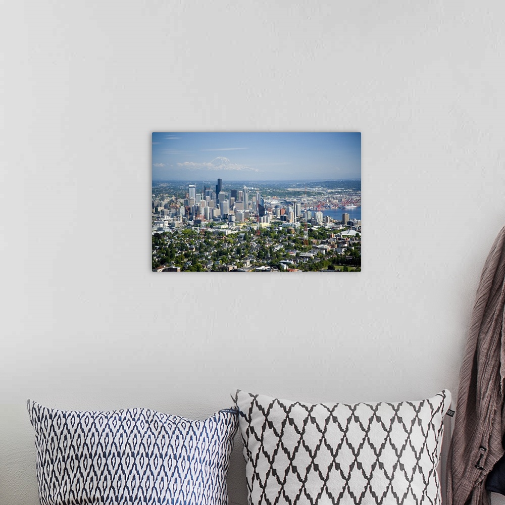 A bohemian room featuring Downtown Seattle skyline, Mt. Rainier, WA, USA - Aerial Photograph