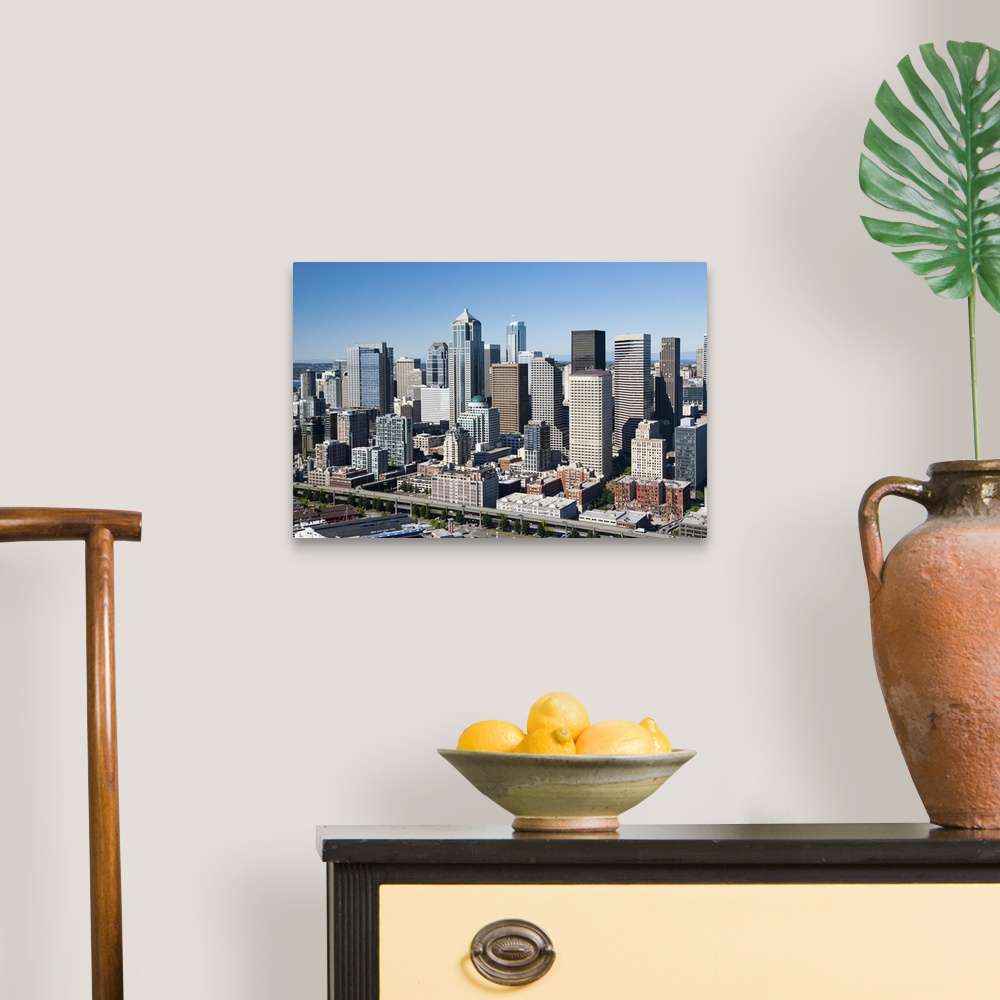 A traditional room featuring Downtown Seattle skyline, WA, USA - Aerial Photograph