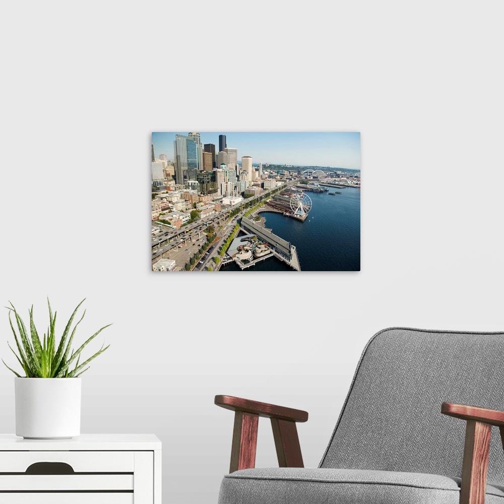 A modern room featuring Downtown Skyline and Waterfront, Seattle, Washington - Aerial Photograph
