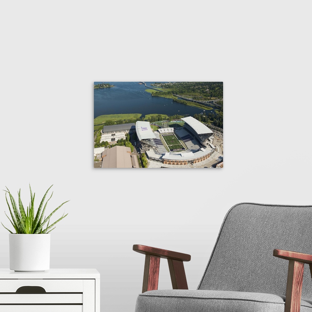A modern room featuring Husky Stadium at the University of Washington, WA, USA - Aerial Photograph