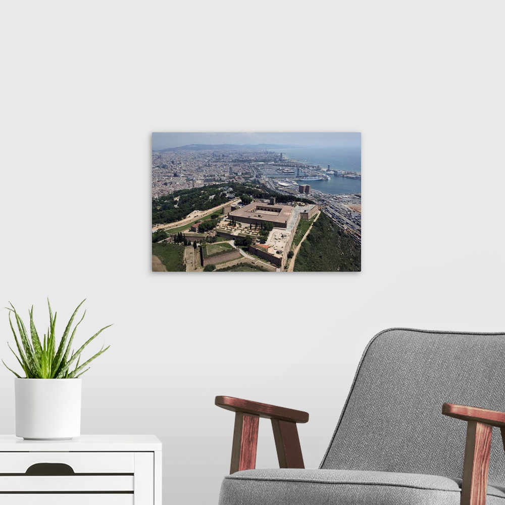 A modern room featuring Montjuic Castle, Barcelona, Spain - Aerial Photograph