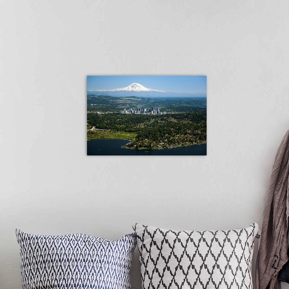 A bohemian room featuring Mount Rainier, Lake Washington, Bellevue Skyline, Bellevue, WA - Aerial Photograph