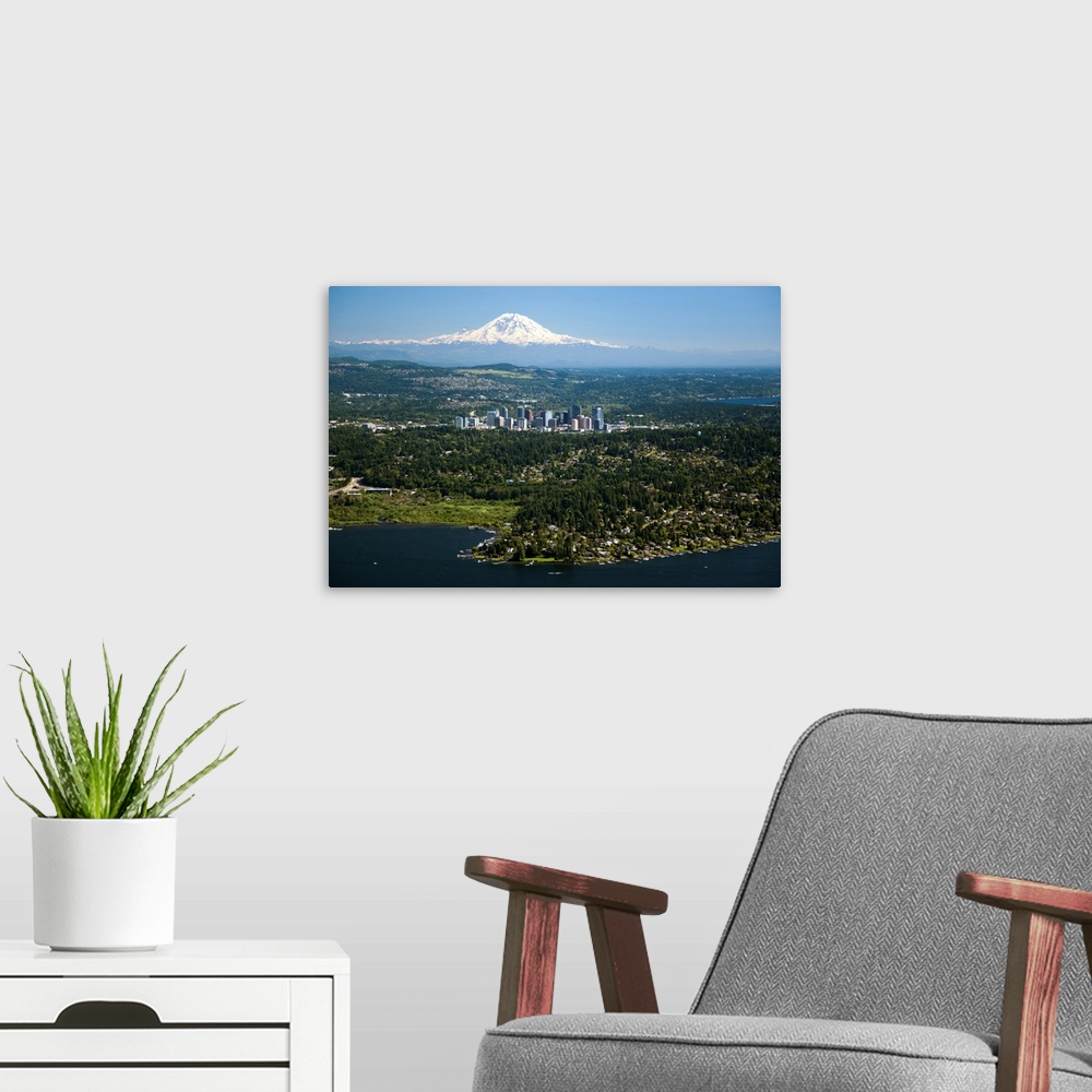 A modern room featuring Mount Rainier, Lake Washington, Bellevue Skyline, Bellevue, WA - Aerial Photograph