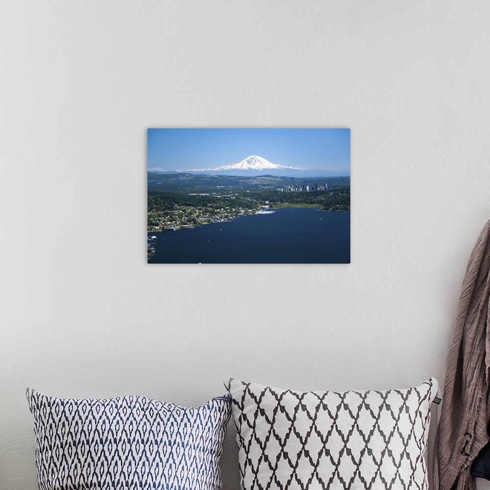 A bohemian room featuring Mount Rainier, Lake Washington, Bellevue Skyline, WA, USA - Aerial Photograph