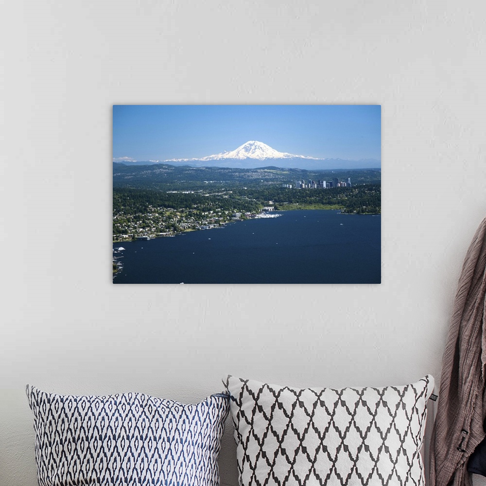 A bohemian room featuring Mount Rainier, Lake Washington, Bellevue Skyline, WA, USA - Aerial Photograph