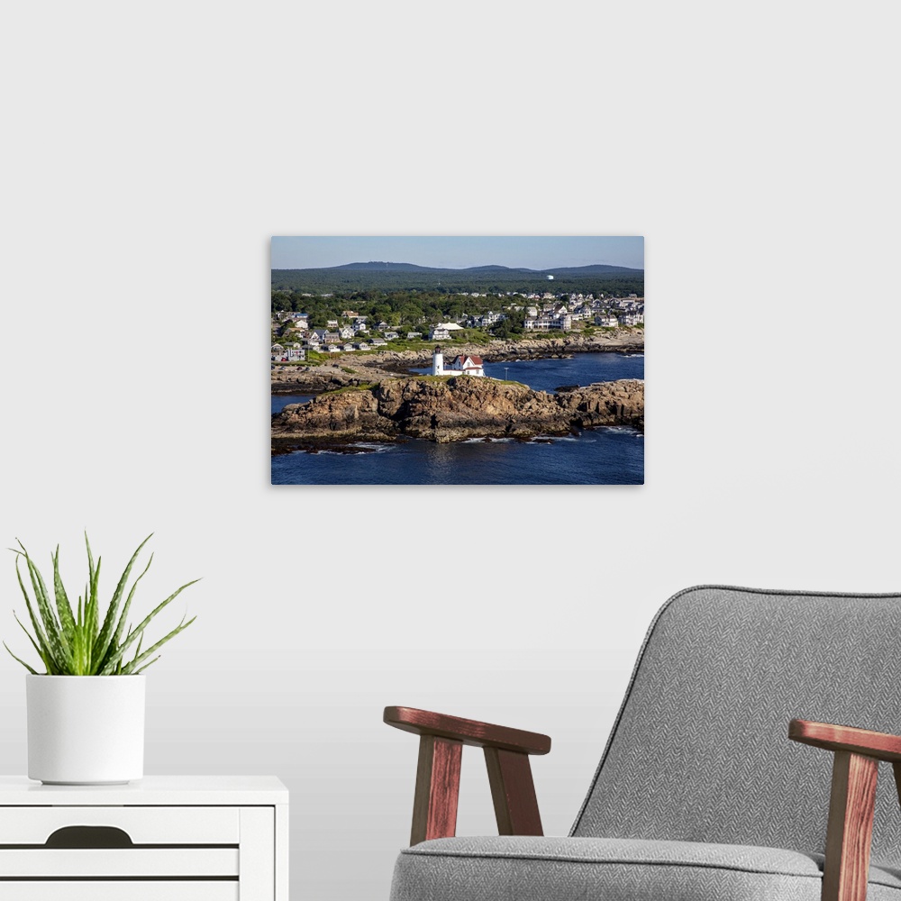 A modern room featuring Nubble Lighthouse