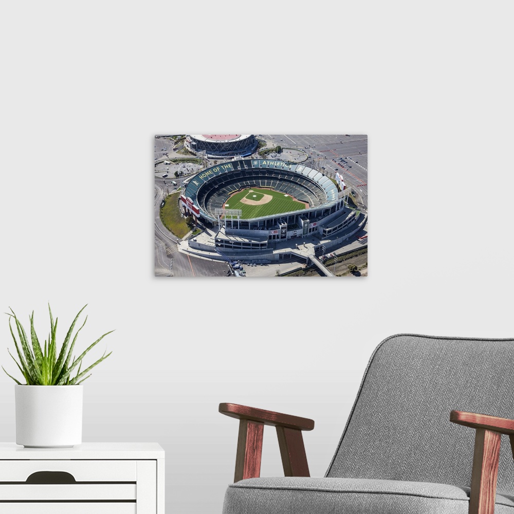 A modern room featuring Oakland Raiders Stadium, Oakland, California - Aerial Photograph