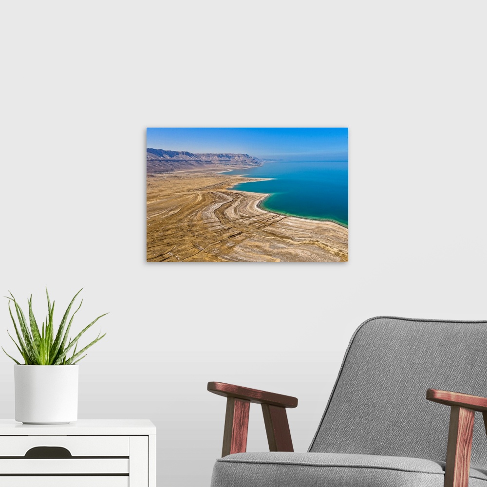 A modern room featuring Observation of Dead Sea Water Level Drop, Dead Sea, Israel - Aerial Photograph