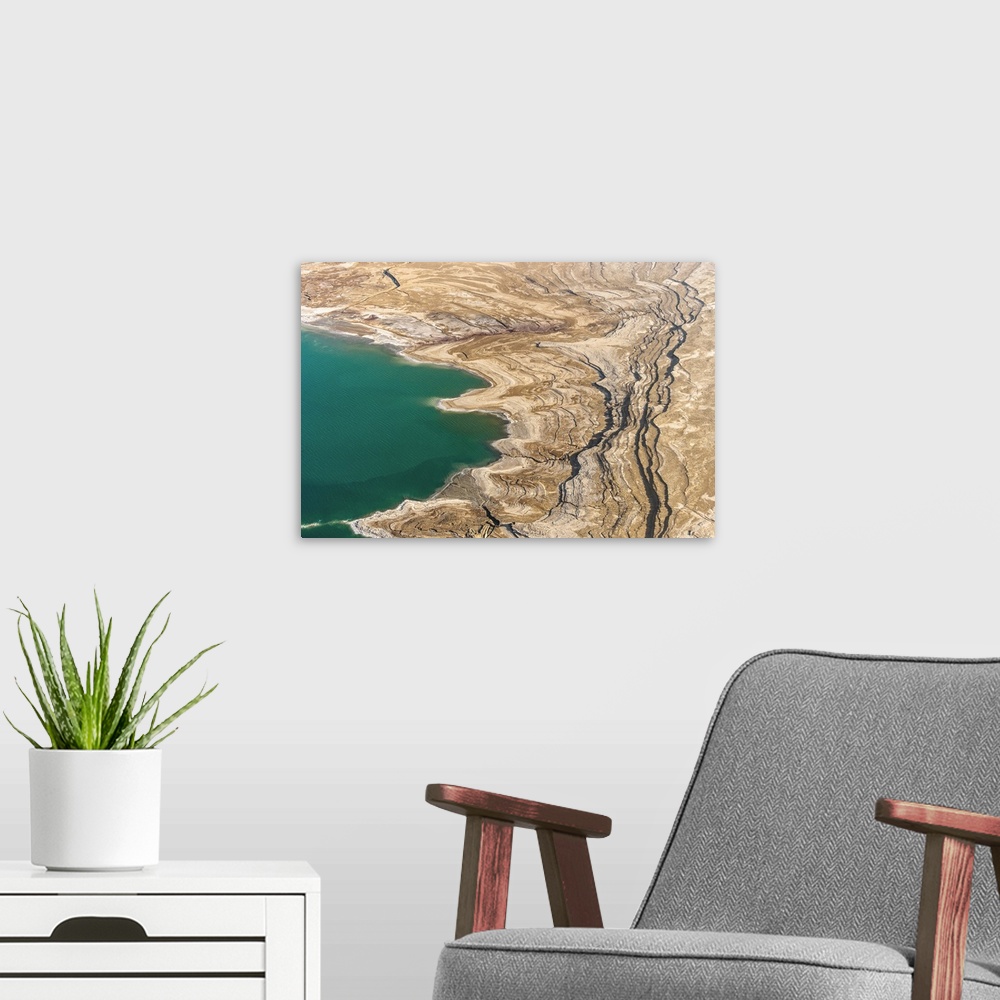 A modern room featuring Observation of Dead Sea Water Level Drop, Dead Sea, Israel - Aerial Photograph