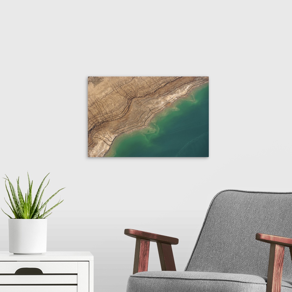 A modern room featuring Observation of Dead Sea Water Level Drop, Israel - Aerial Photograph
