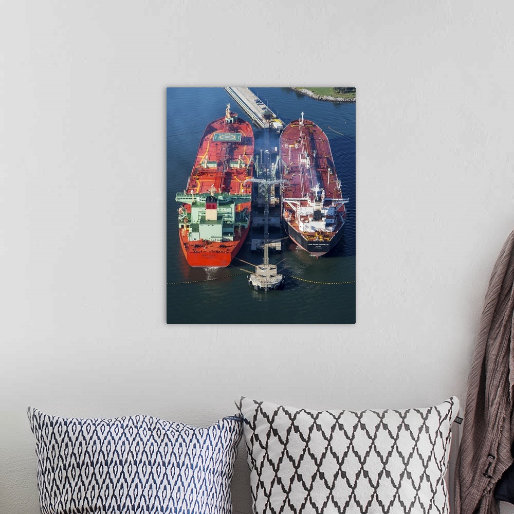 A bohemian room featuring Oil Tankers Docked At Oil Pier, Down East, Maine - Aerial Photograph