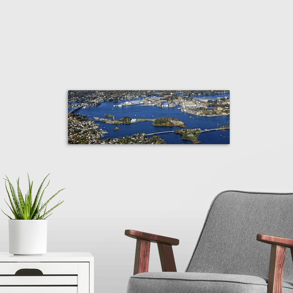 A modern room featuring Portsmouth Harbor, Portsmouth, New Hampshire, USA - Aerial Photograph