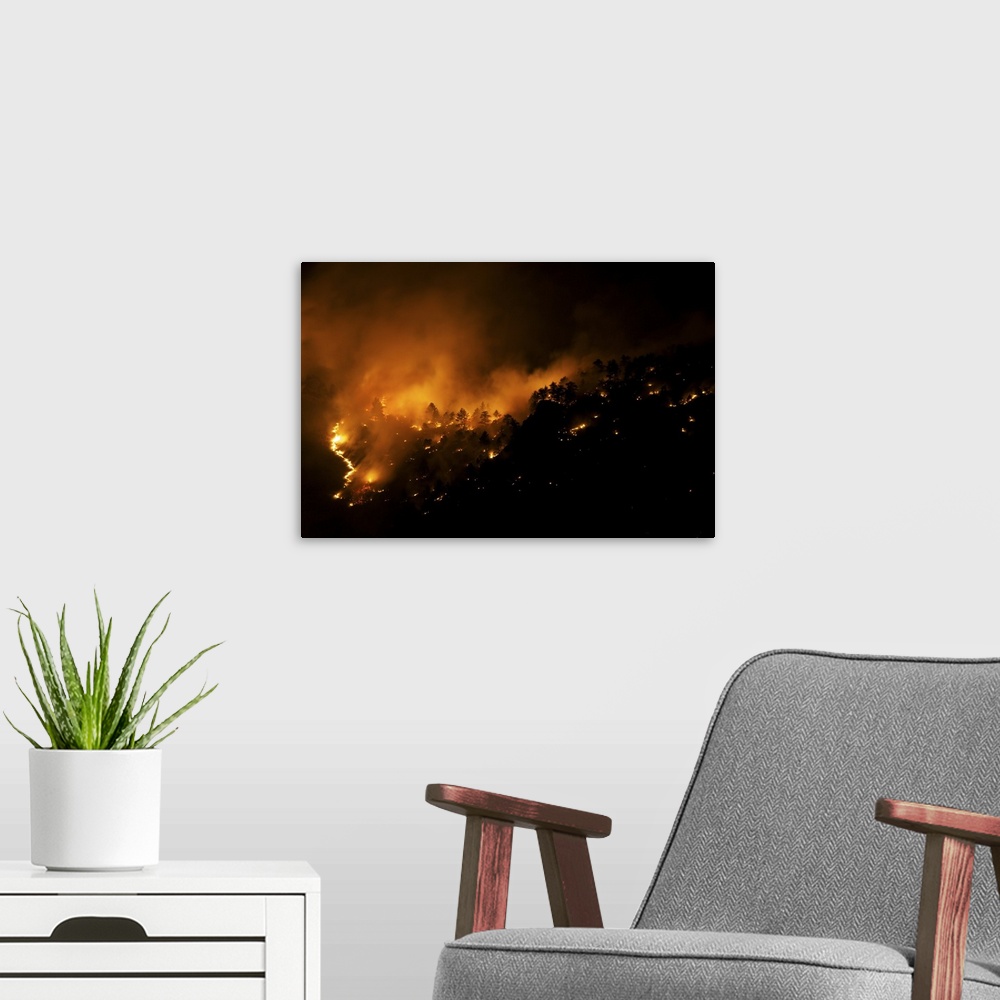 A modern room featuring Smoke And Flame From a Wildland Fire, Rocky Mountains, Colorado - Aerial Photograph