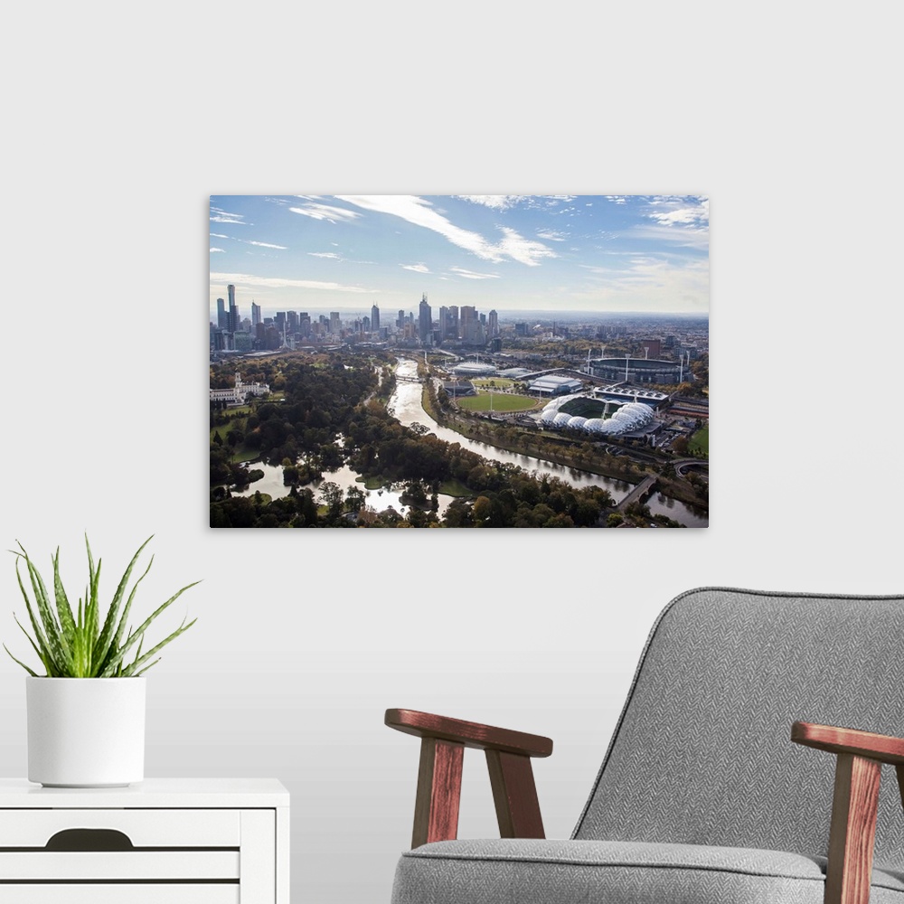A modern room featuring South of Melbourne Skyline, Melbourne, Australia - Aerial Photograph