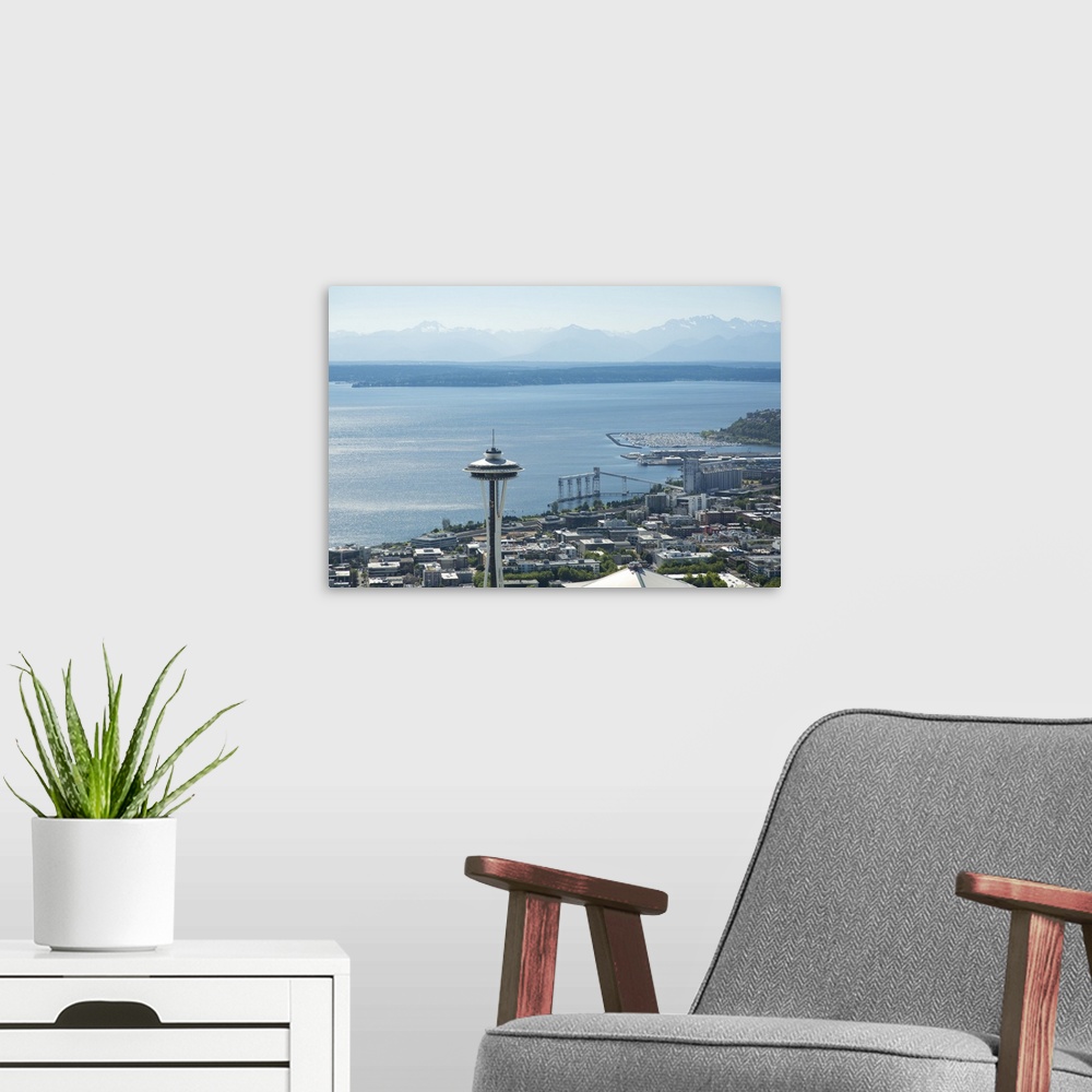 A modern room featuring Space Needle and Eliott Bay; Seattle, WA