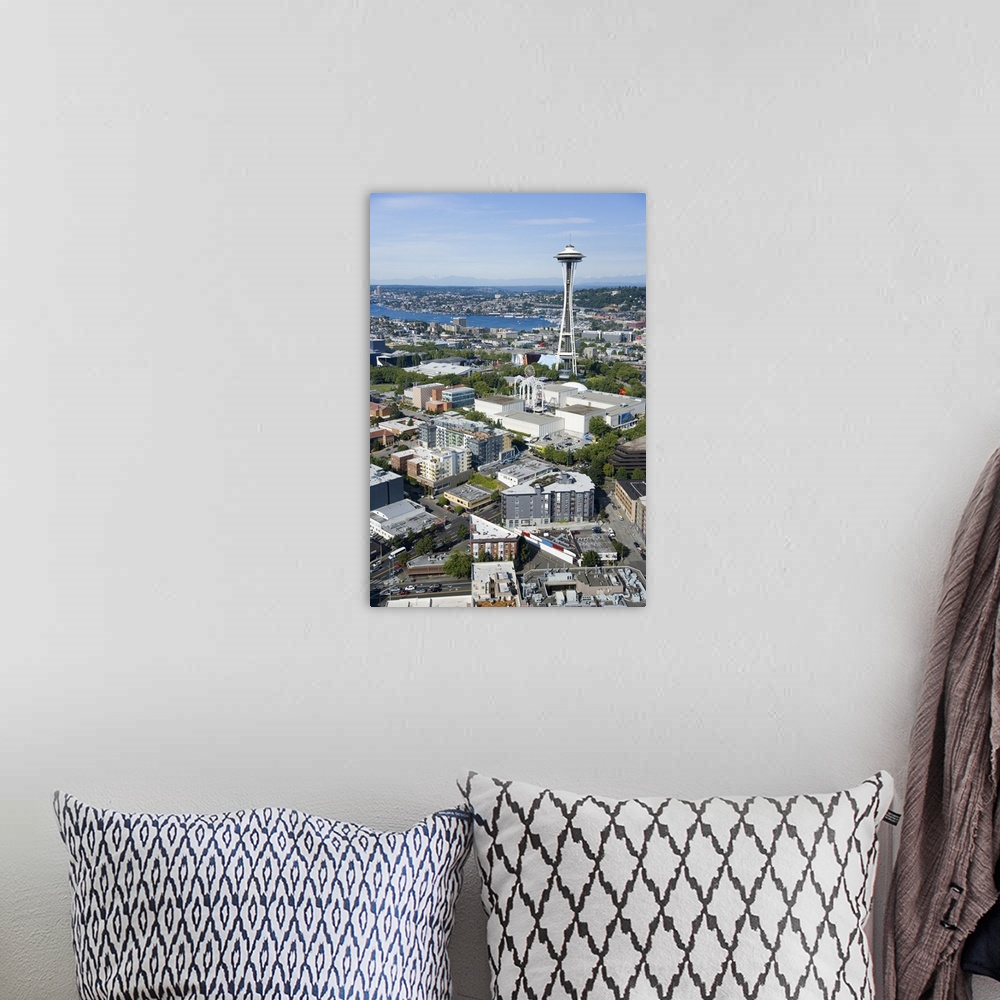 A bohemian room featuring Space Needle landmark and Lake Union behind, WA, USA - Aerial Photograph