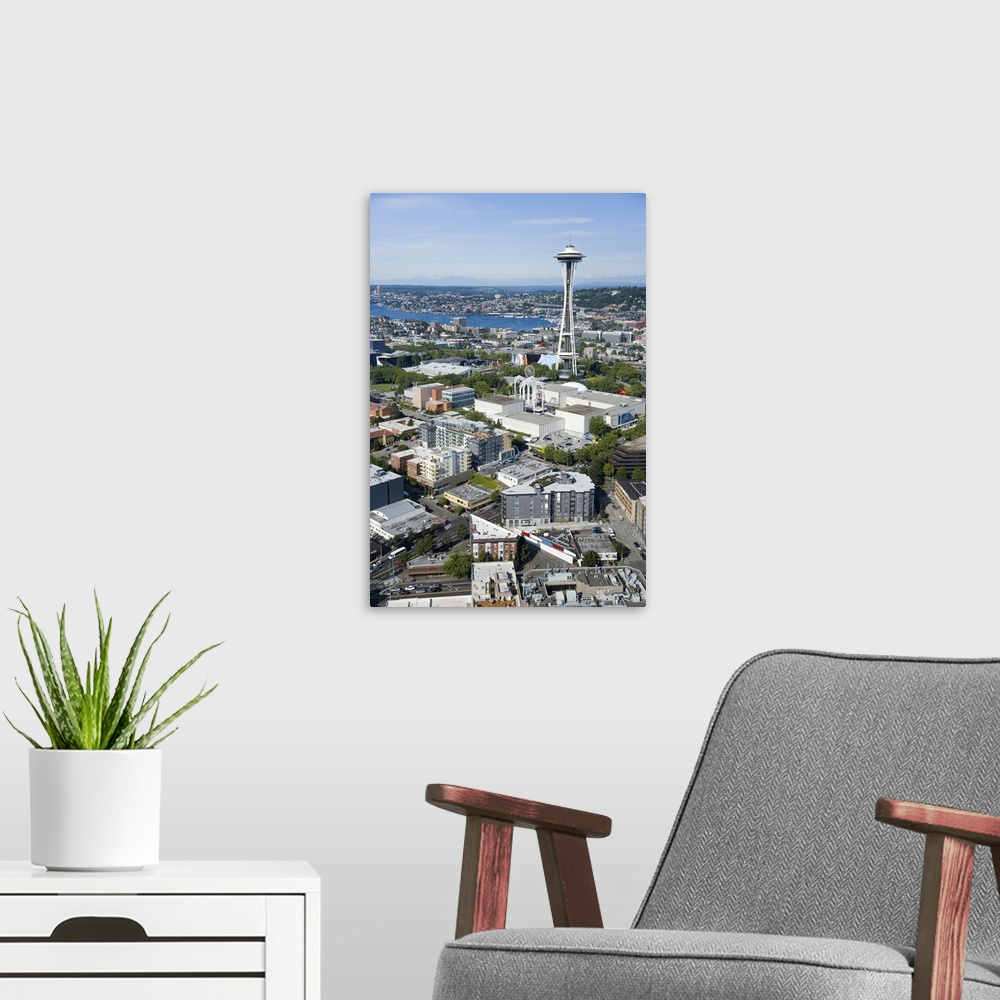 A modern room featuring Space Needle landmark and Lake Union behind, WA, USA - Aerial Photograph