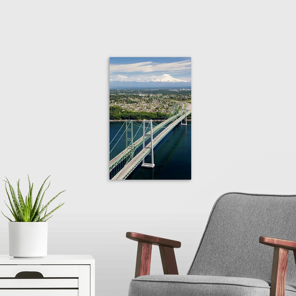 A modern room featuring Tacoma Narrows Bridge, Tacoma, Washington - Aerial Photograph