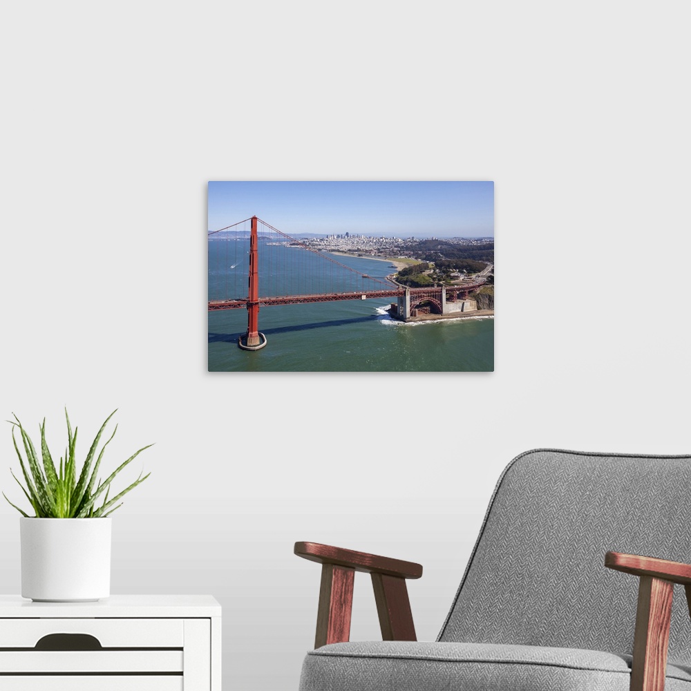 A modern room featuring The Golden Gate Bridge, San Francisco, California, USA - Aerial Photograph