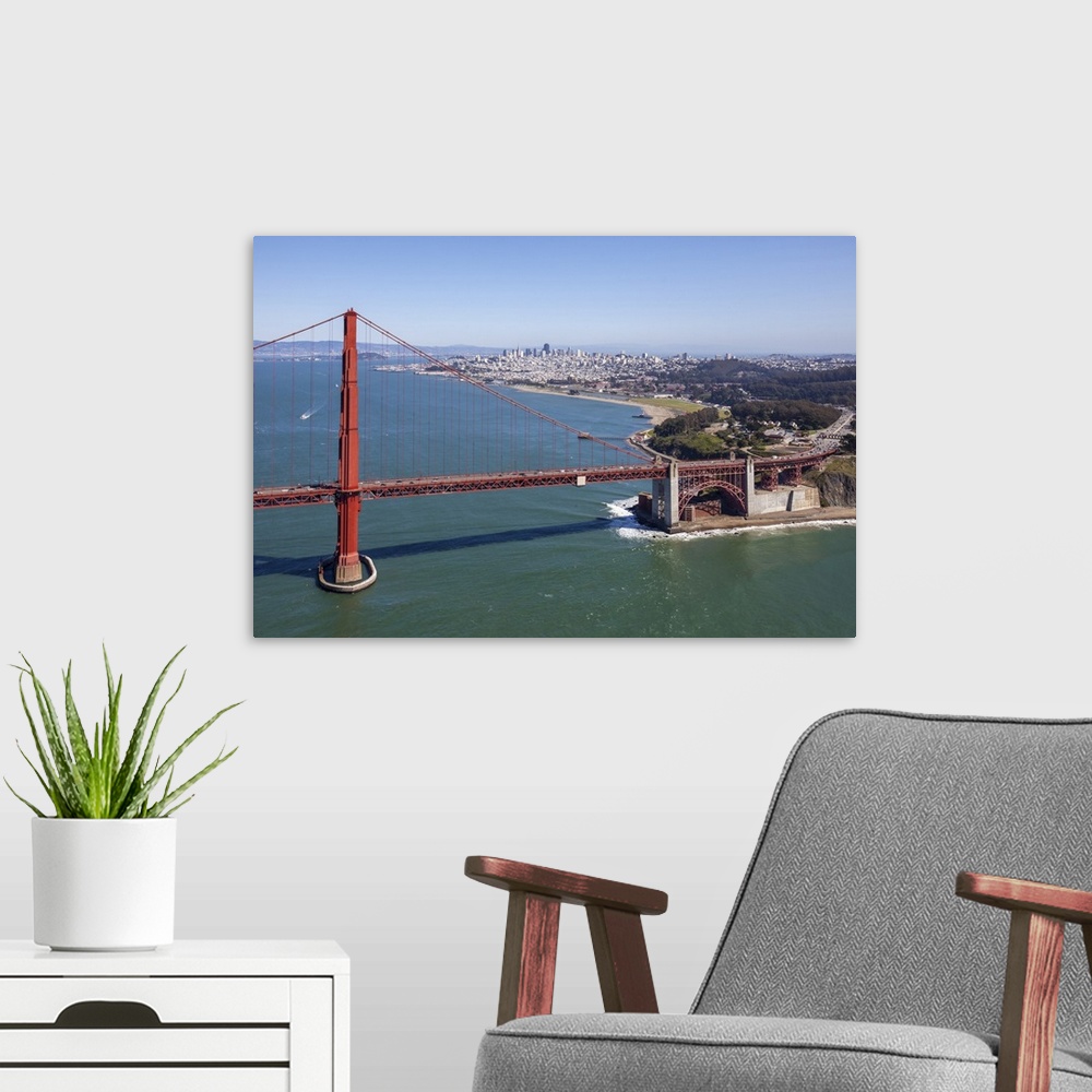 A modern room featuring The Golden Gate Bridge, San Francisco, California, USA - Aerial Photograph