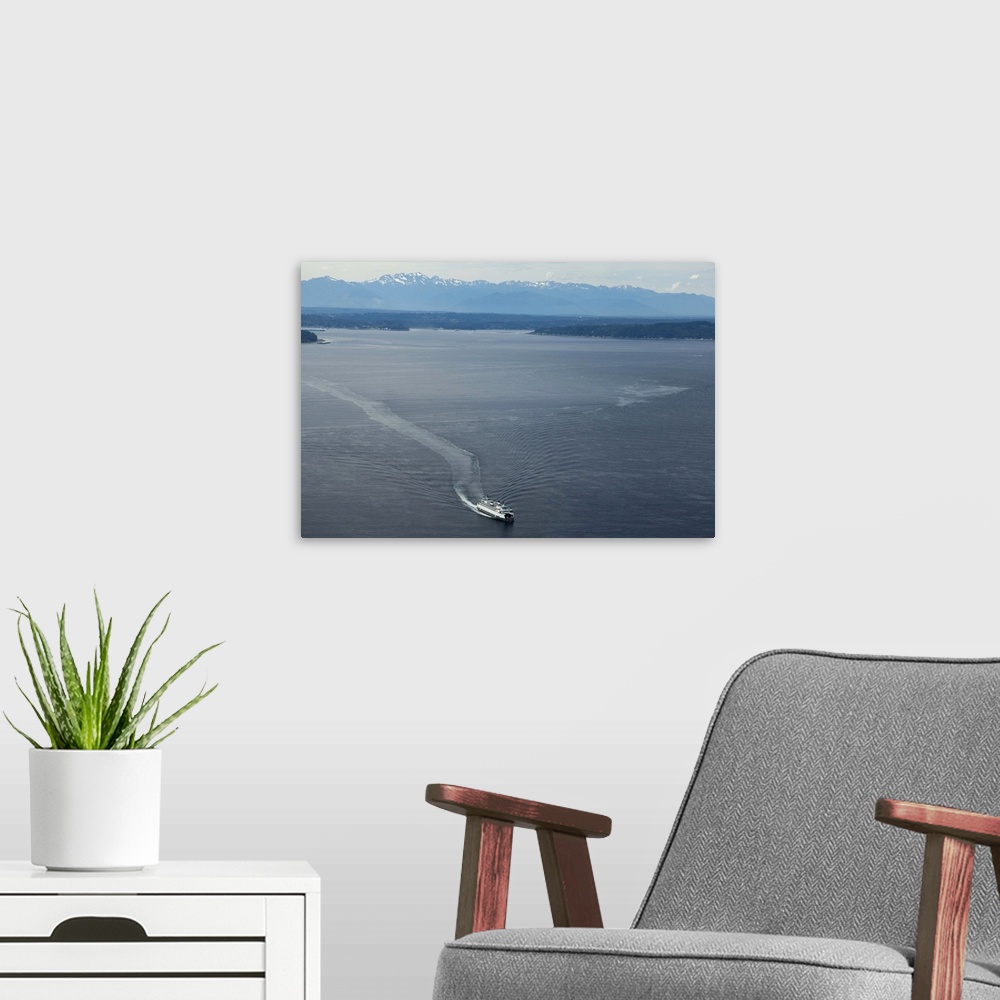 A modern room featuring Washington State Ferry Approaching Fauntleroy Ferry Dock, Seattle - Aerial Photograph