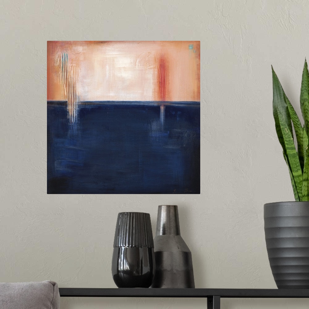 A modern room featuring Square, abstract painting featuring large blocks of color in peach and navy