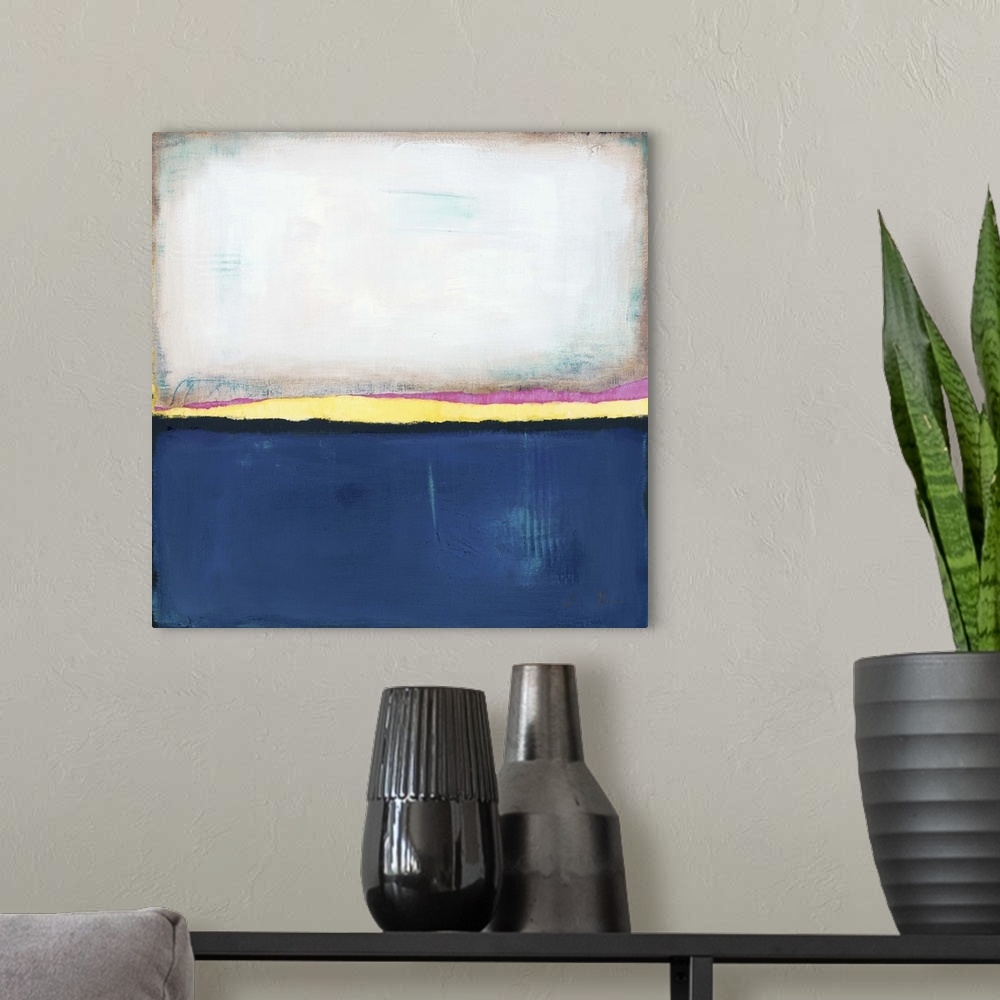 A modern room featuring Square, abstract painting featuring large blocks of color in white and dark blue with yellow and ...
