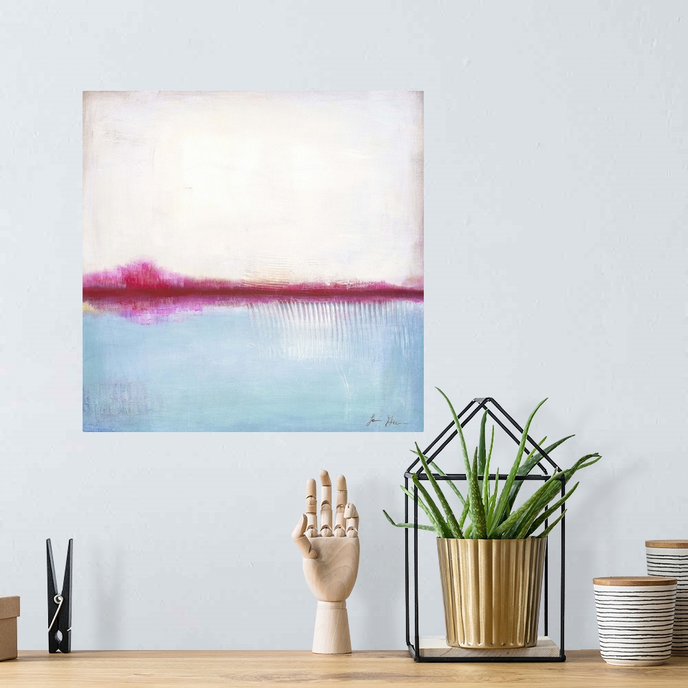 A bohemian room featuring Square, abstract painting featuring large blocks of color in white and light blue with pink accents