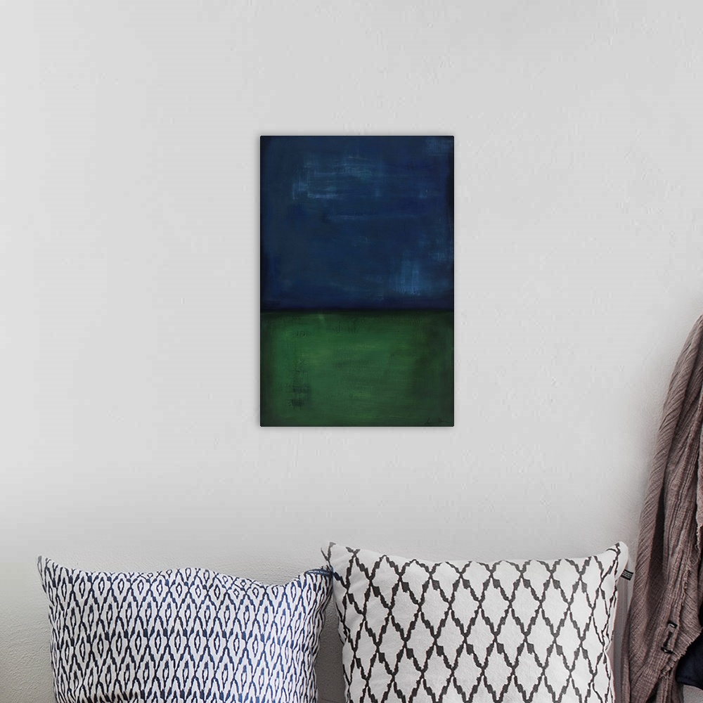 A bohemian room featuring Contemporary abstract painting of a dark blue and green colorfield.