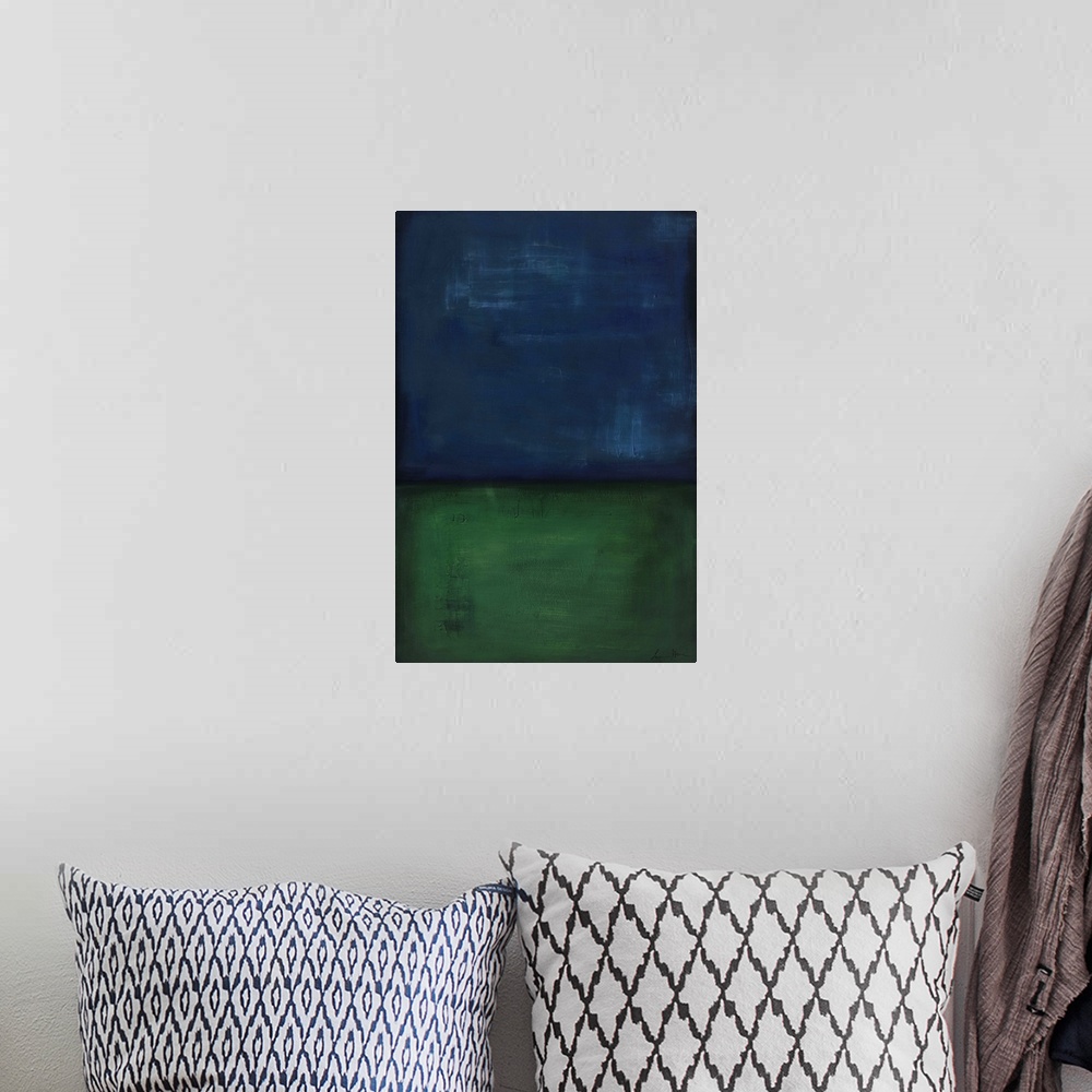 A bohemian room featuring Contemporary abstract painting of a dark blue and green colorfield.