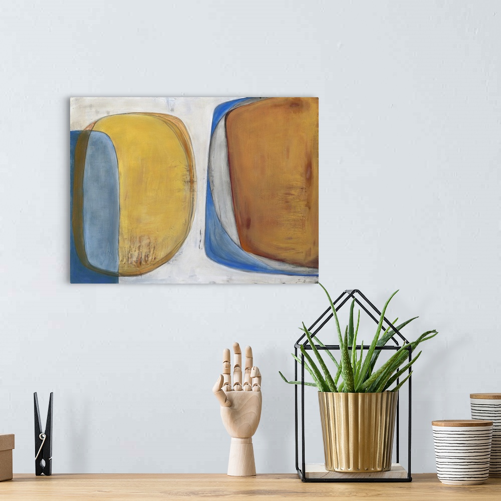 A bohemian room featuring Retro mid-century inspired contemporary abstract painting using muted orange and yellows.