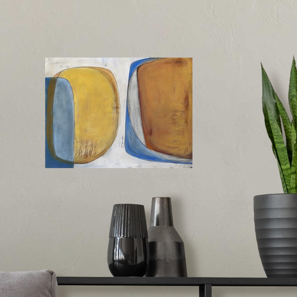 A modern room featuring Retro mid-century inspired contemporary abstract painting using muted orange and yellows.
