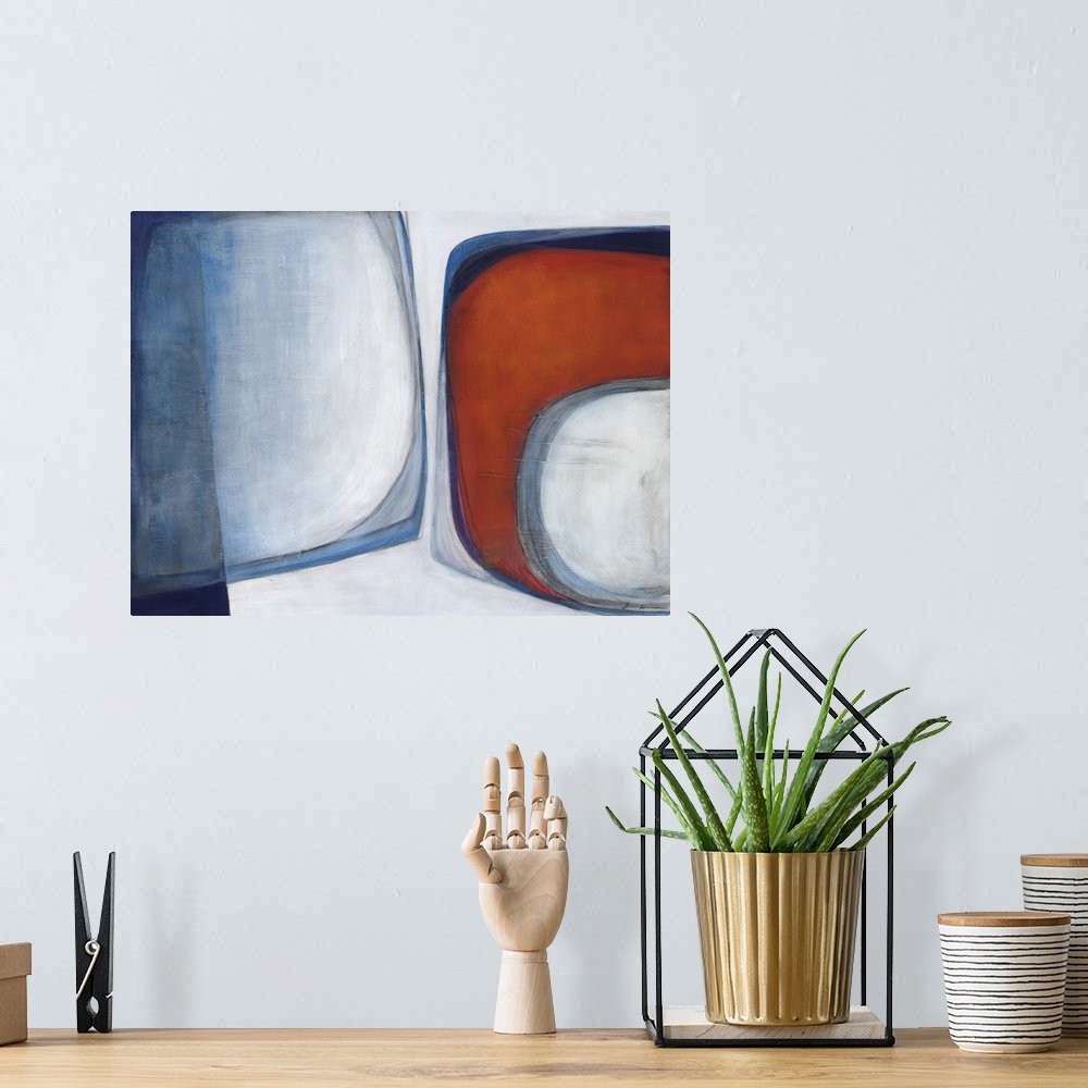A bohemian room featuring Retro mid-century inspired contemporary abstract painting using muted red and blues.