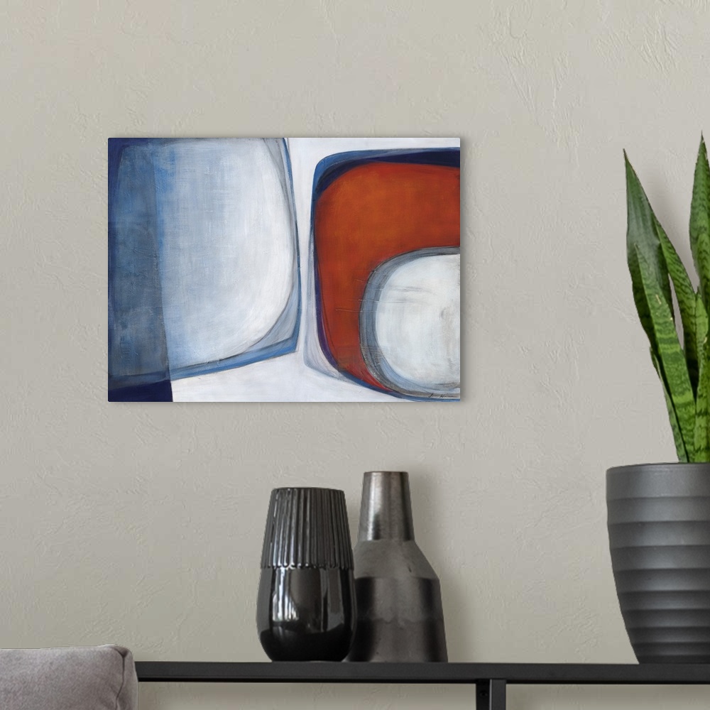 A modern room featuring Retro mid-century inspired contemporary abstract painting using muted red and blues.
