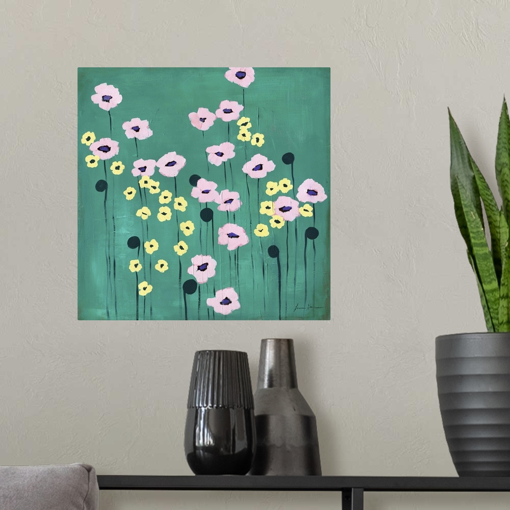 A modern room featuring Contemporary painting of pink and yellow flowers against a green background.