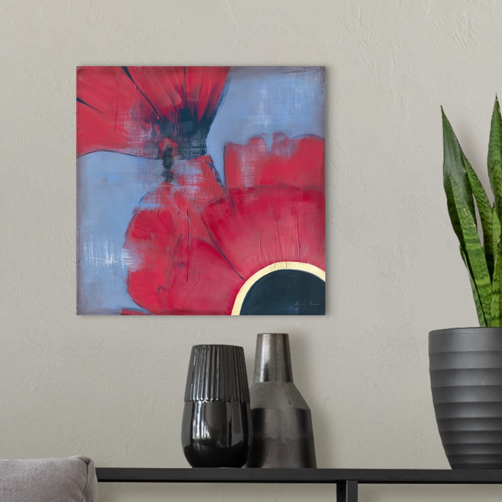 A modern room featuring Contemporary painting of red poppies seen very close-up against a blue background.