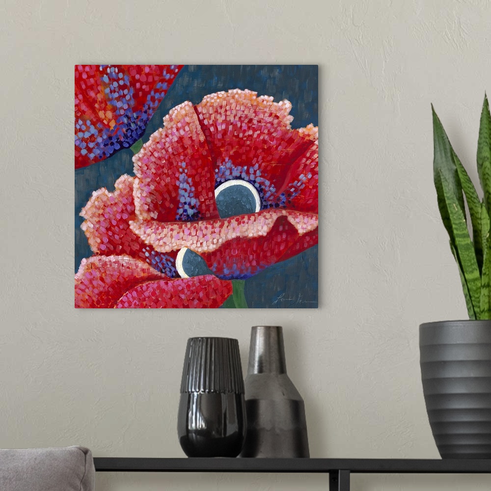 A modern room featuring Contemporary painting of red poppies in an Impressionist Pointillism style.