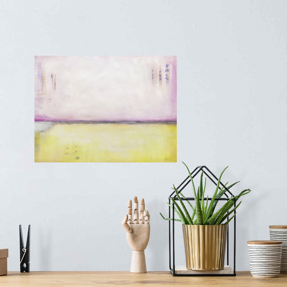 A bohemian room featuring Contemporary abstract colorfield painting using pale pastel pink and yellow.