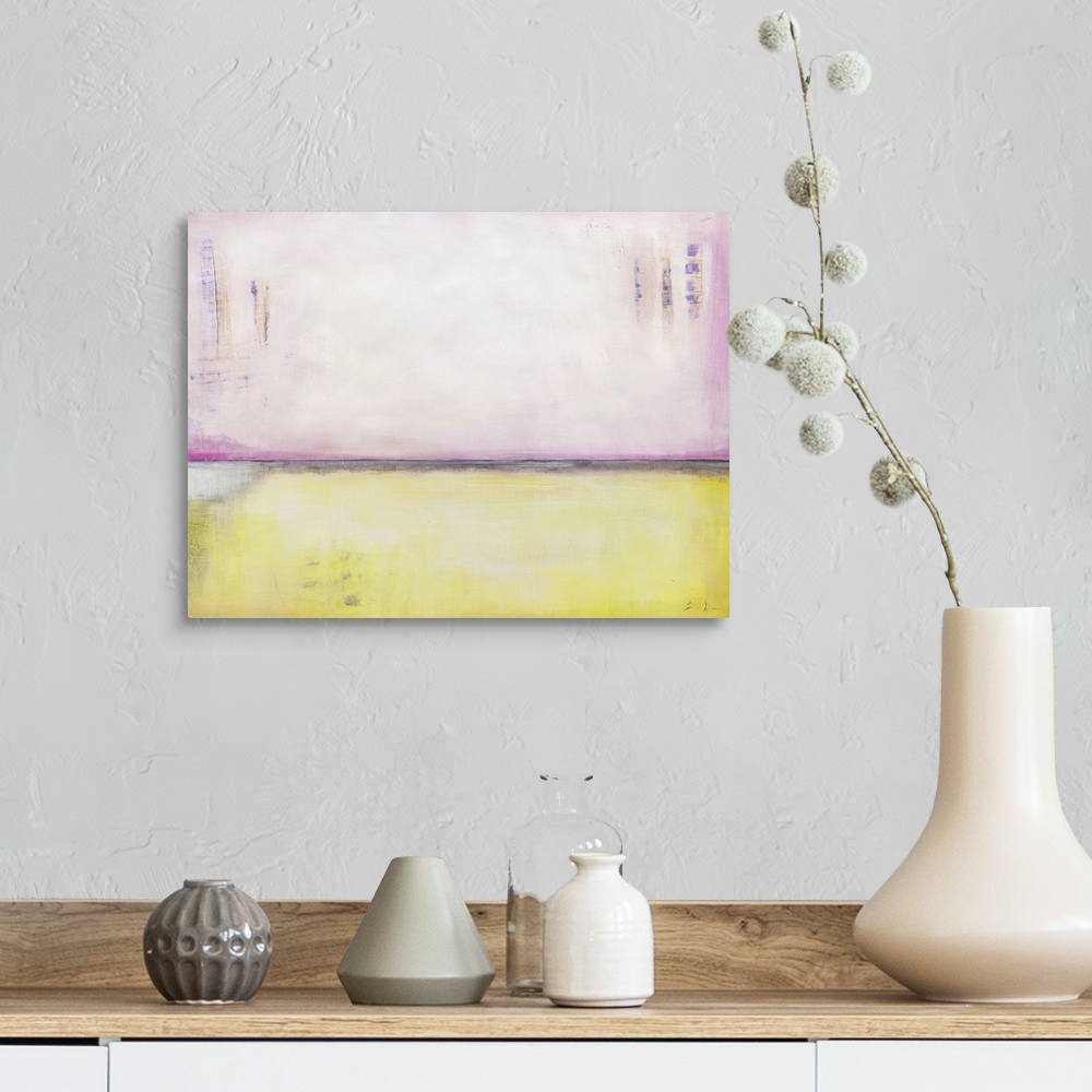 A farmhouse room featuring Contemporary abstract colorfield painting using pale pastel pink and yellow.