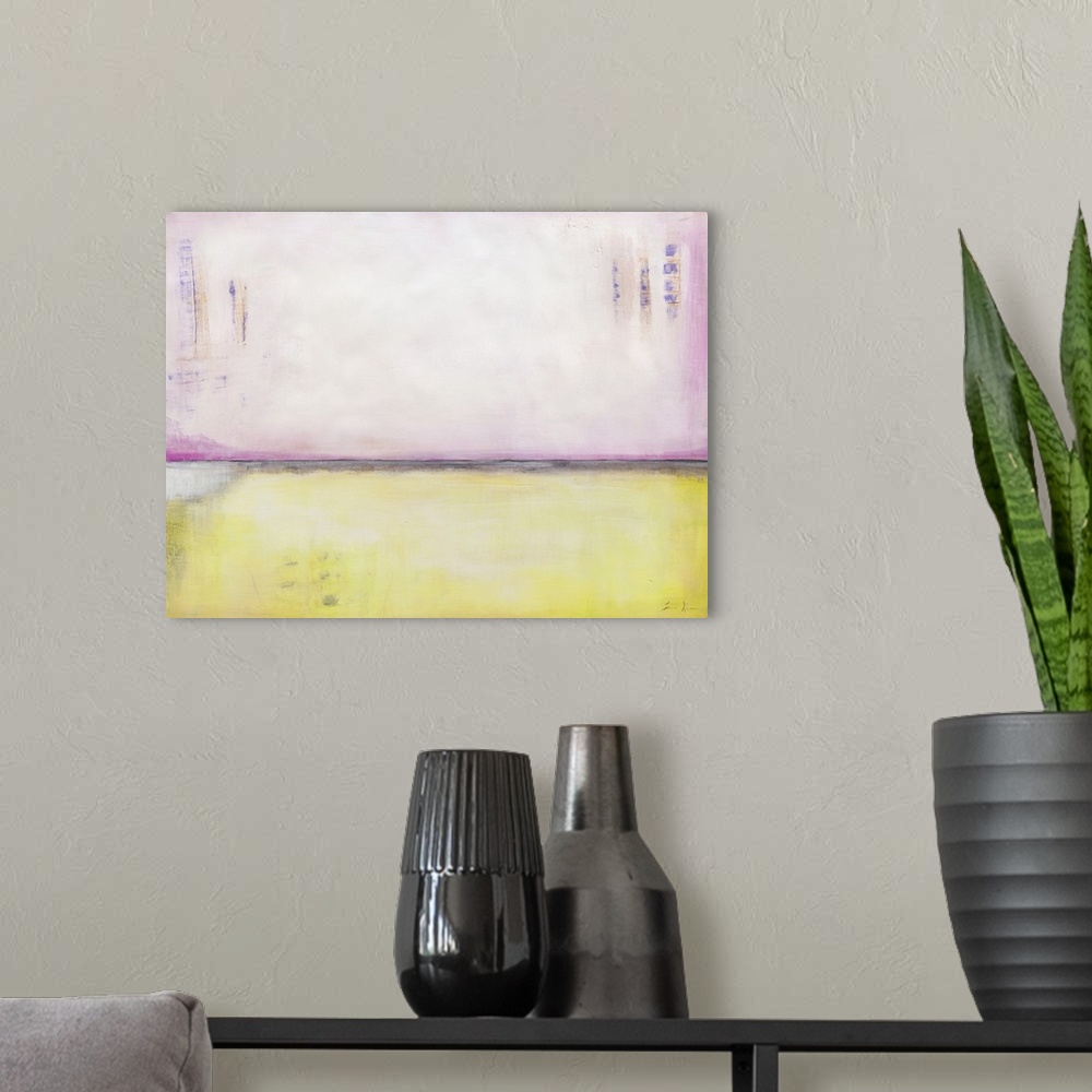 A modern room featuring Contemporary abstract colorfield painting using pale pastel pink and yellow.