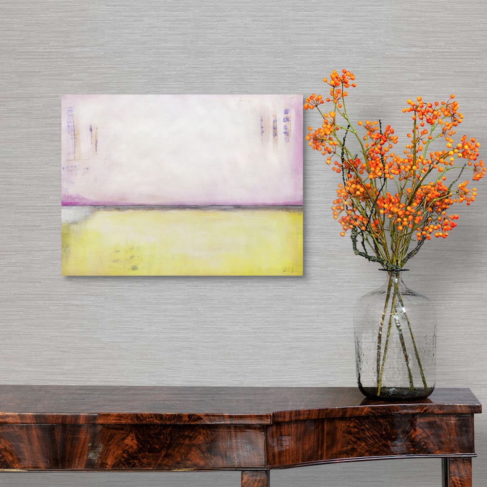 A traditional room featuring Contemporary abstract colorfield painting using pale pastel pink and yellow.