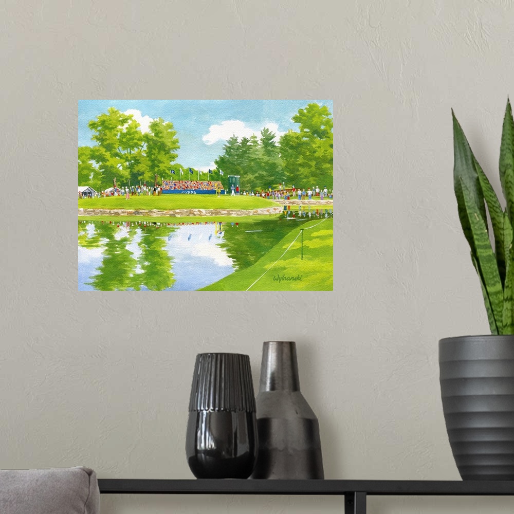 A modern room featuring Live artwork from the PGA Championship.