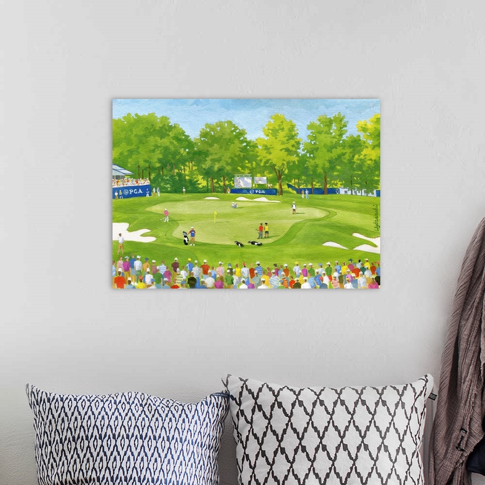 A bohemian room featuring Live artwork from the PGA Championship.