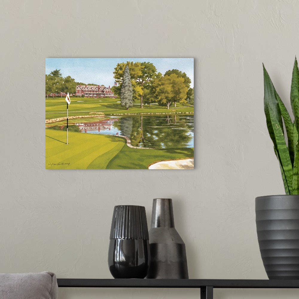 A modern room featuring The 4th hole on an iconic New Jersey course with rolling fairways and a small green fronted by a ...