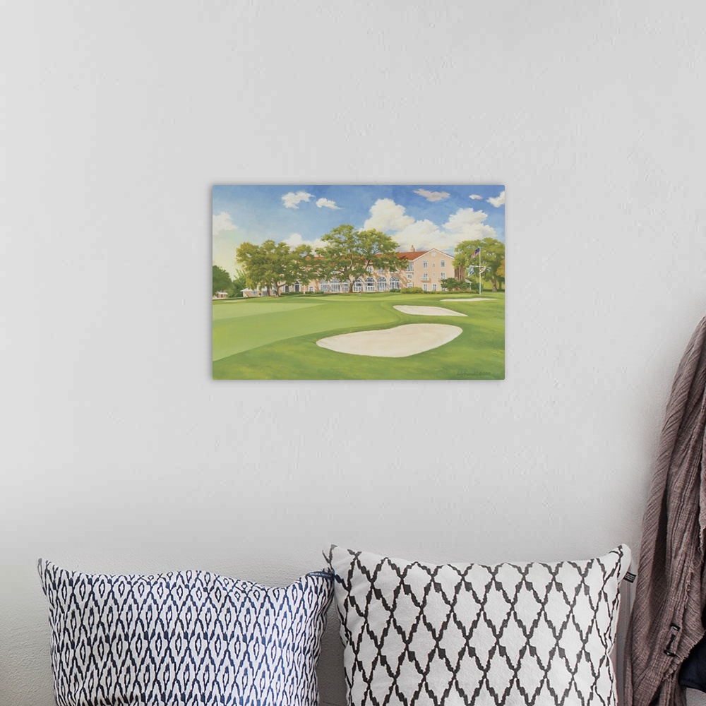A bohemian room featuring Classic Florida golf featuring a home hole framed by clubhouse and stately oak.