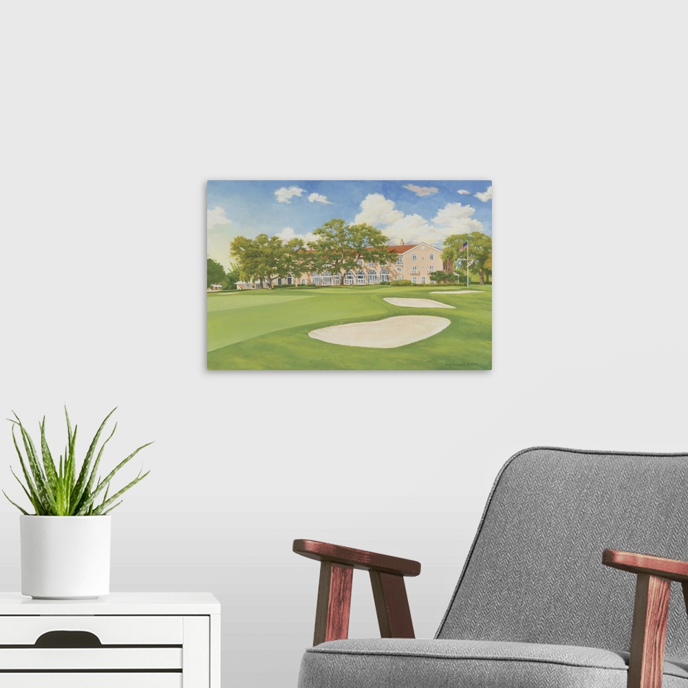 A modern room featuring Classic Florida golf featuring a home hole framed by clubhouse and stately oak.