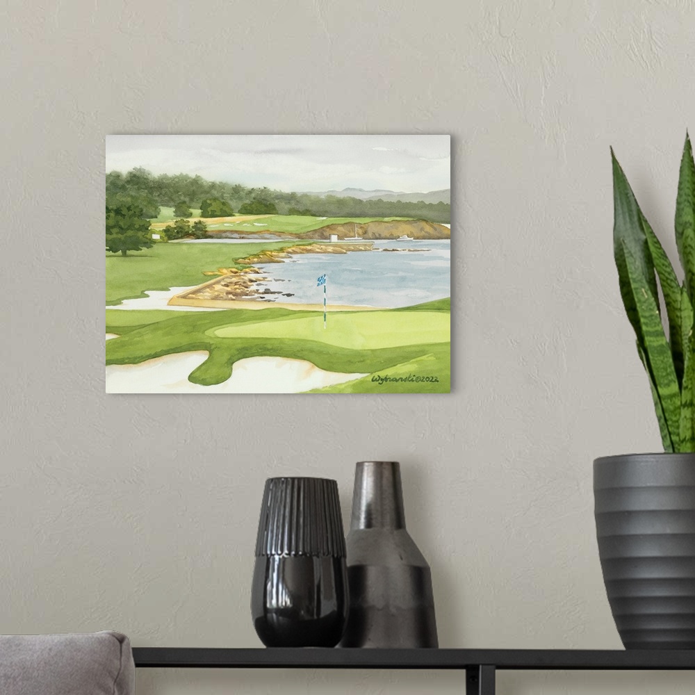 A modern room featuring A grand and famous golf hole set along the Pacific Ocean.