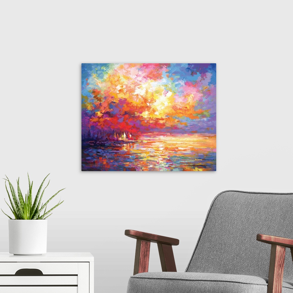 A modern room featuring Abstract Ocean Sunset