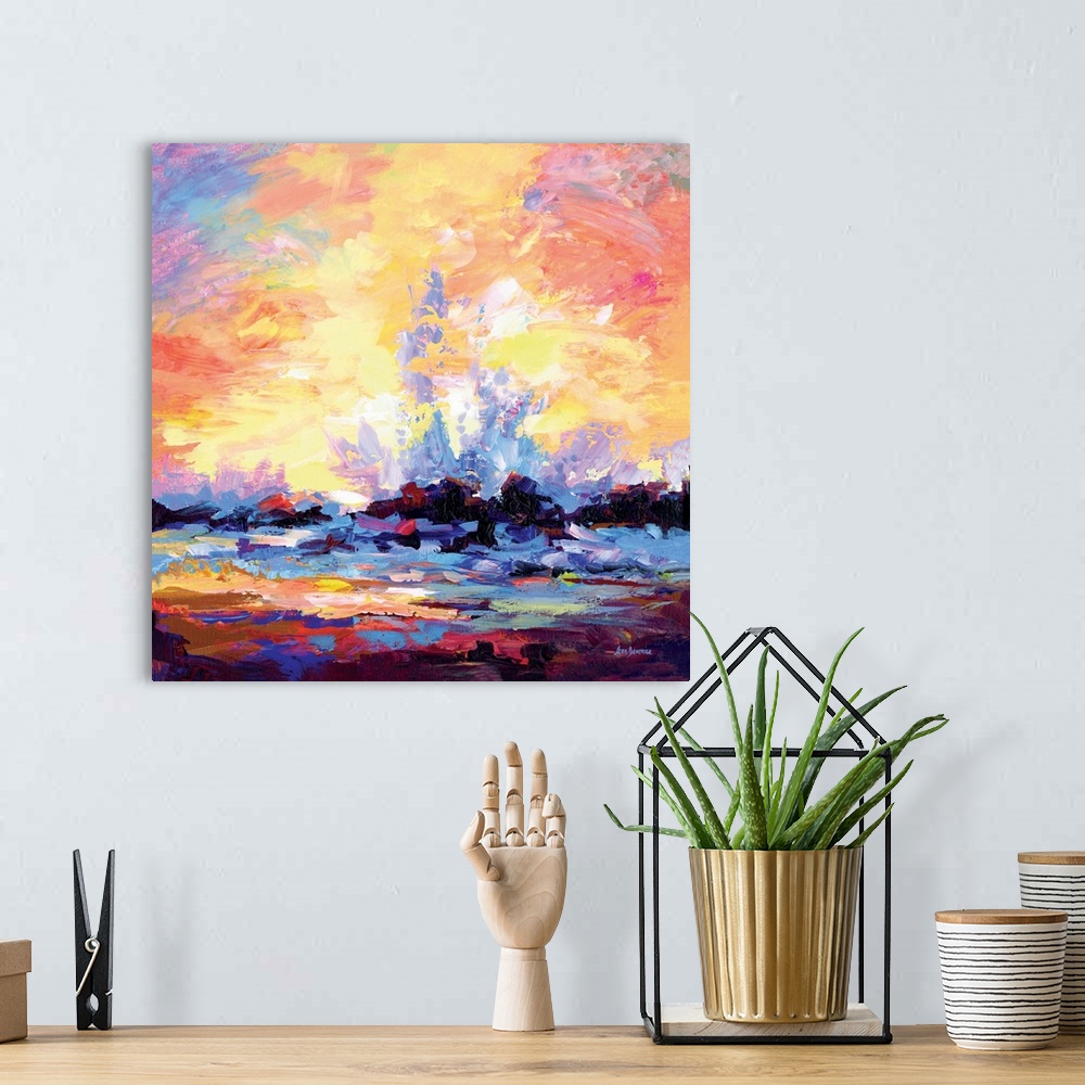 A bohemian room featuring Beautiful abstract painting of waves crashing on the rocks at coast.