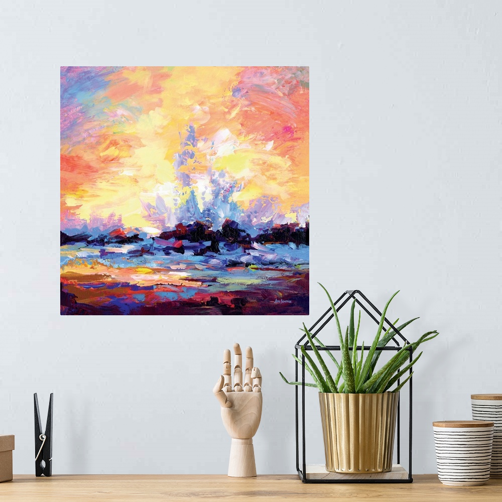 A bohemian room featuring Beautiful abstract painting of waves crashing on the rocks at coast.